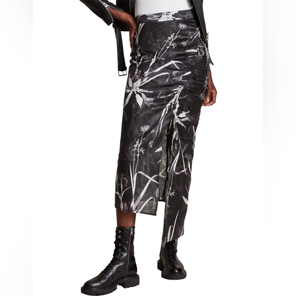 All Saints Carla Rutland Black and White Botanical Print Midi Skirt Size 2 NWT